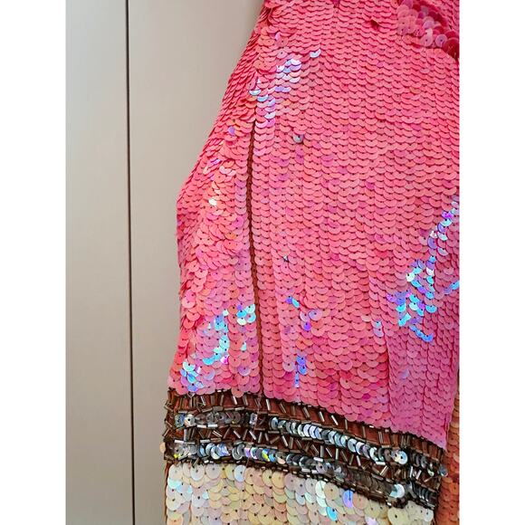 Vintage 80s Silk Sequin Pink Cocktail Dress Medium Fit Knee Length Sparkle Shine - Picture 5 of 14